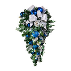 Pre-Decorated Spray, Blue and Silver w/ LED Minis - 36" SPR-036-BLSLV