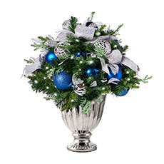 Pre-Decorated Urn Filler, Blue and Silver w/ LED Lights - 16" URN-016-BLSLV