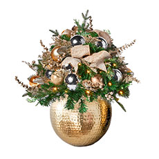 Pre-Decorated Urn Filler, Gold, Silver and Champagne w/ WW LED Lights - 16" URN-016-GSC