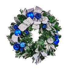 Pre-Decorated Wreath, Blue and Silver w/ LED Minis - 30" WRE30-BLSLV-1