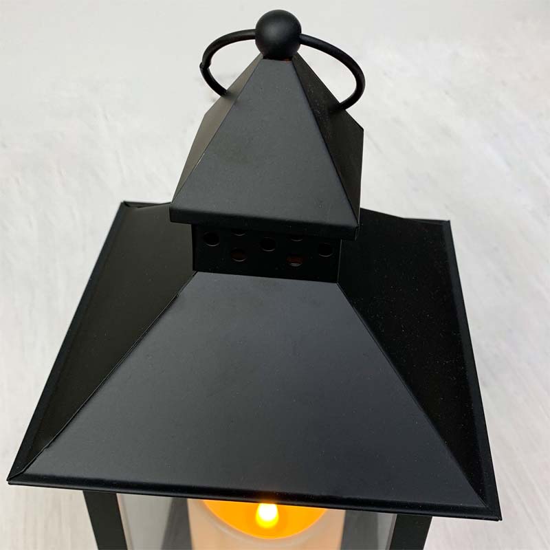Battery-Operated Metal Lantern with LED Candle - 14 Black Window