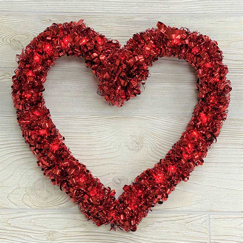 Red / Pink Curly Tinsel Heart Wreath w/ Micro Lights - 13 x 13